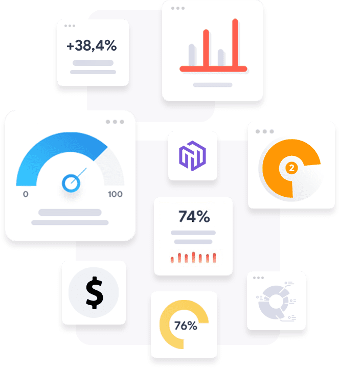 Eine Ansammlung von abstrakten digitalen KPI-Karten und Dashboards auf transparentem Hintergrund. Dargestellt sind verschiedene Metriken und Grafiken, darunter: ein rotes Balkendiagramm, eine Zahl mit "+38,4%", ein Tachometer-Diagramm, ein lila Hexagon-Icon, ein orangefarbenes Tortendiagramm mit der Zahl 2, eine Zahl mit "74%" und einem kleinen roten Balkenchart, ein Dollar-Zeichen ($), eine Zahl mit "76%" in einem gelben Tortendiagramm und ein graues Ringdiagramm.