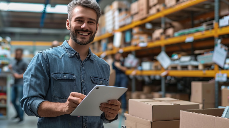 In modernen Lagerhäusern ist die effiziente Gestaltung des Workflows entscheidend. Unser Mitarbeiter im Bild nutzt ein Tablet, um den gesamten Prozess von der Warenannahme über die Kommissionierung bis zum Versand digital zu erfassen und zu steuern. Durch die lückenlose Abbildung und Automatisierung dieser Prozesse sorgen wir für eine deutliche Beschleunigung und Fehlerreduzierung. Verwandeln Sie manuelle Schritte in einen klaren, digitalen Workflow und behalten Sie jederzeit den Überblick über Ihren Lagerbestand.