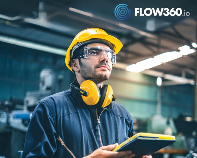 Werker mit gelbem Helm notiert Informationen auf einem Tablett in einer Produktionshalle