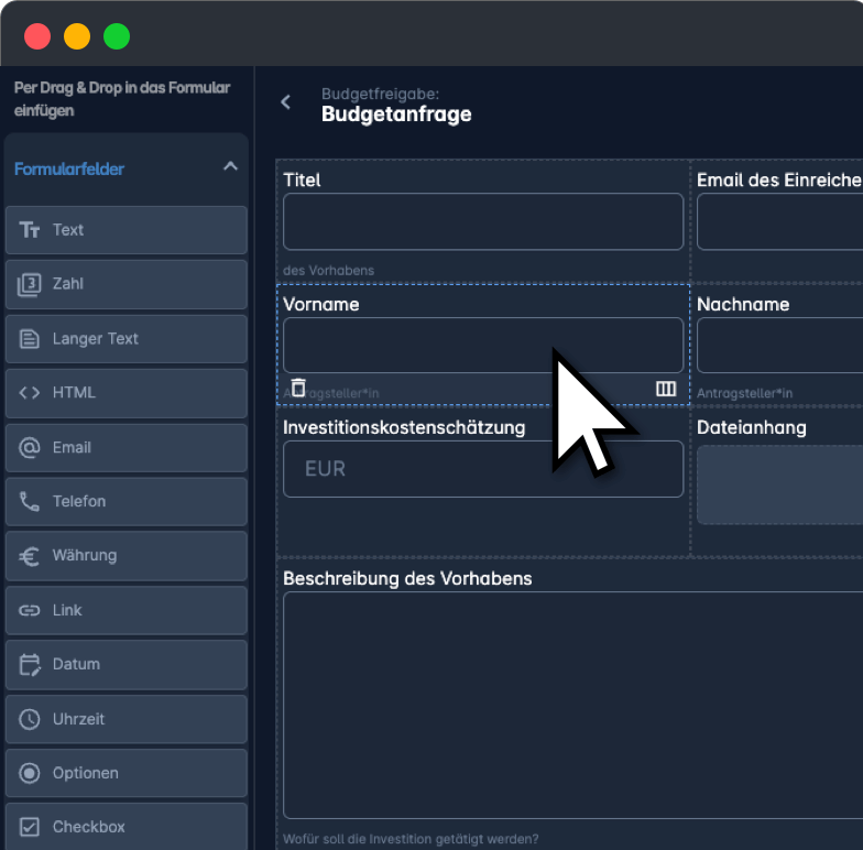 Screenshot des Form Builders, der die einfache Gestaltung komplexer Eingabemasken ohne Code per Drag & Drop im Browser zeigt.