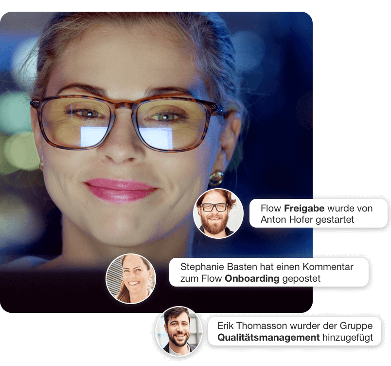 Nahaufnahme einer lächelnden, blonden Frau mit Brille, die in einem dunklen Raum auf einen Bildschirm blickt. Das Bild ist überlagert mit Benachrichtigungsblasen und Profilbildern, die digitale Team-Interaktionen darstellen: "Flow Freigabe wurde von Anton Hofer gestartet", "Stephanie Basten hat einen Kommentar zum Flow Onboarding gepostet", und "Erik Thomasson wurde der Gruppe Qualitätsmanagement hinzugefügt".
