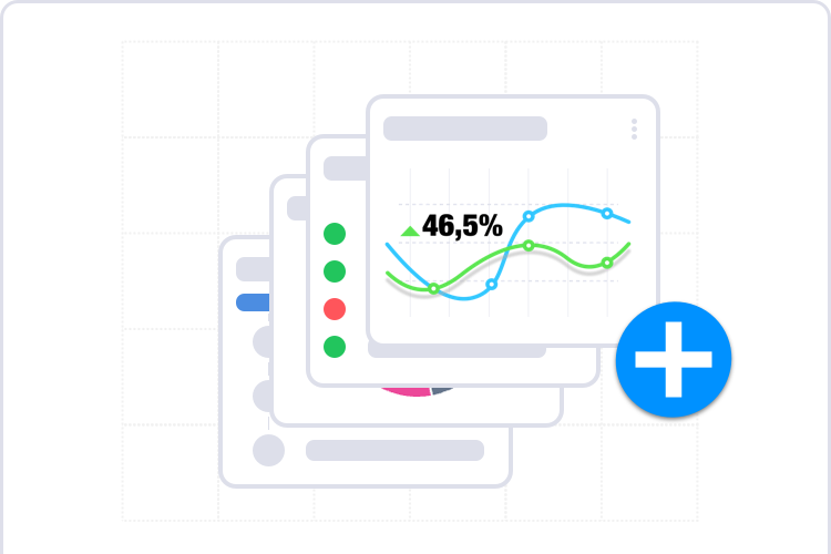 Abstraktes Interface-Design, das einen Stapel von Dashboard-Karten darstellt. Die oberste Karte zeigt ein Liniendiagramm mit blauen und grünen Kurven, einer positiven Wachstumsrate von "46,5%" und einem vertikalen Status-Stack mit grünen und roten Punkten. Ein großes blaues Plus-Zeichen (Hinzufügen) ist rechts über die Karten gelegt.