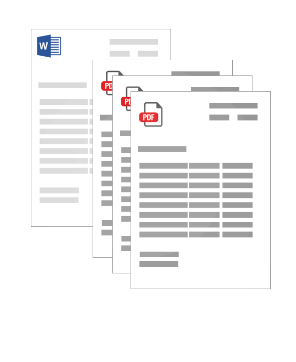 Eine Stapelung von abstrakten Dokumenten-Icons auf transparentem Hintergrund. Das oberste Dokument zeigt das Logo von Microsoft Word (W in Blau), während die darunter liegenden Dokumente das PDF-Icon in Rot (Portable Document Format) zeigen. Die Dokumente sind mit Platzhalter-Text und Tabellenstrukturen gefüllt.