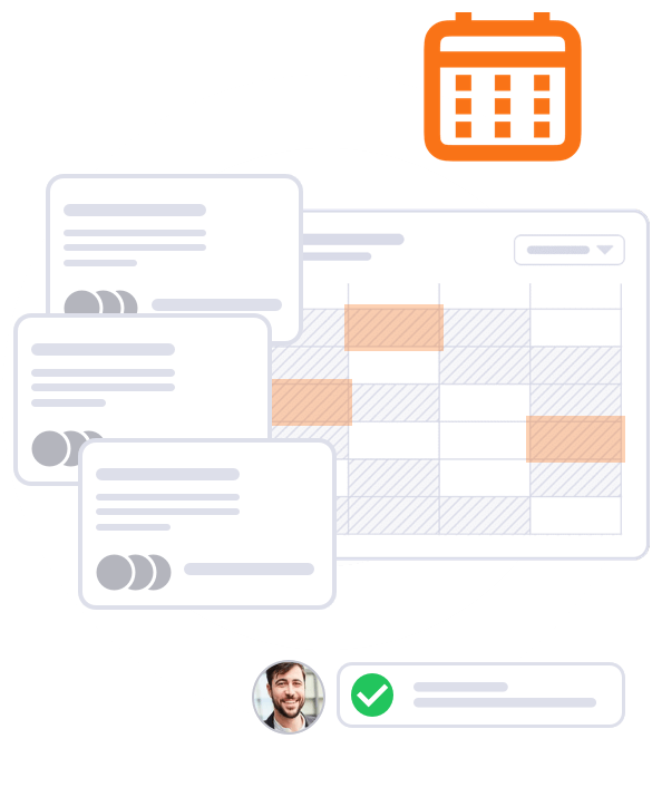Abstraktes Interface-Design, das ein orangefarbenes Kalender-Icon, drei gestapelte Aufgabenkarten mit Icons und eine Kalenderansicht mit markierten Zeitblöcken zeigt. Im unteren Bereich ist ein kleines Profilbild eines lächelnden Mannes neben einem grünen Häkchen und einer Statusleiste zu sehen, was eine erfolgreiche Planung oder Fertigstellung signalisiert.