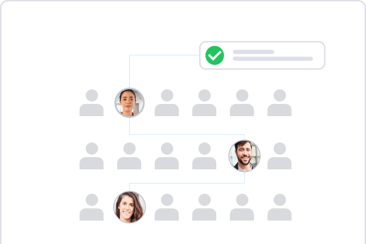 Abstraktes Interface-Design, das eine hierarchische oder sequenzielle Genehmigungskette darstellt. Es zeigt drei Reihen von grauen Platzhalter-Personen-Icons. Drei der Icons sind durch reale Profilbilder ersetzt und durch blaue Linien verbunden: Eine Frau, deren Profil mit einer Benachrichtigungsbox mit einem grünen Häkchen (Erfolg/Genehmigung) verbunden ist, ein lächelnder Mann und eine weitere lächelnde Frau. Dies symbolisiert einen Prozess, der mehrere Genehmiger oder Beteiligte in einer bestimmten Reihenfolge durchläuft.