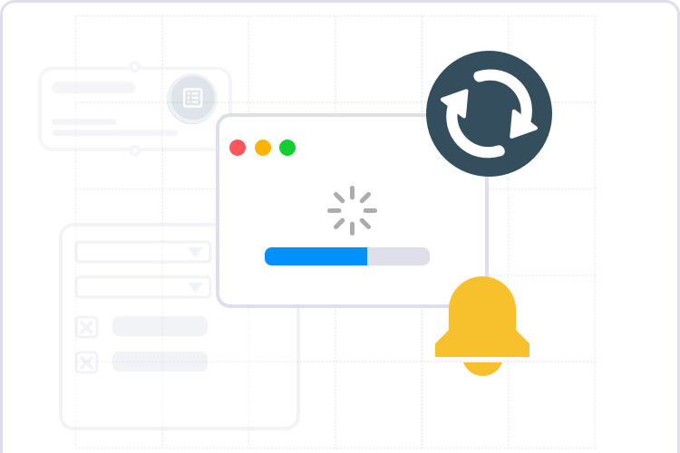 Abstraktes Interface-Design, das einen Aktualisierungs- oder Synchronisierungsprozess darstellt. Ein Fenster in der Mitte zeigt einen Ladebalken in Blau und ein drehendes Lade-Icon. Oben rechts ist ein großes, dunkelgraues Icon mit sich drehenden Pfeilen (Aktualisieren oder Wiederholen) zu sehen. Im Vordergrund befindet sich eine gelbe Benachrichtigungsglocke. Im Hintergrund sind schematische Workflow-Elemente angedeutet.