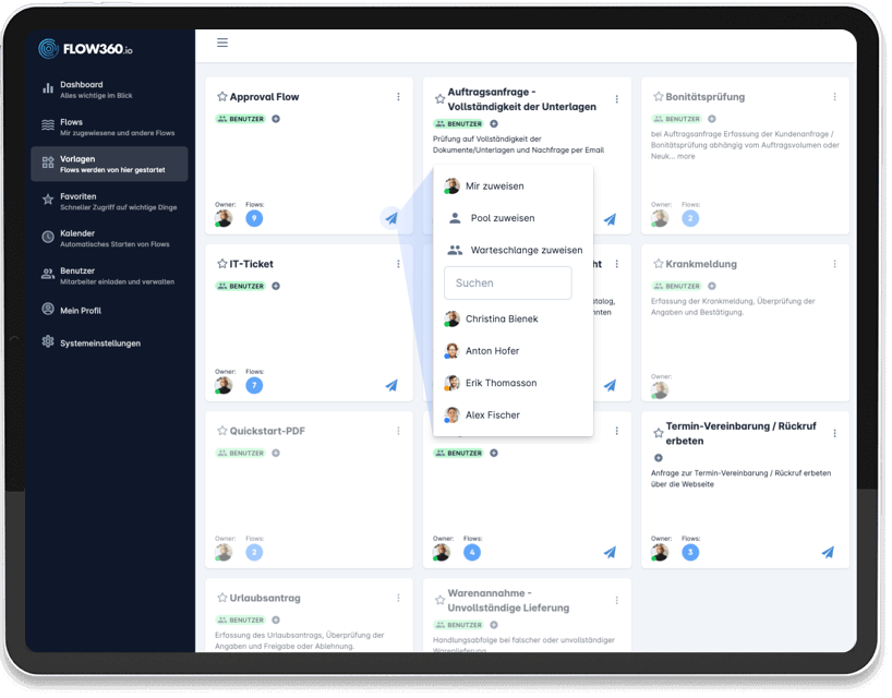 Eine Abbildung der schlanken Benutzeroberfläche eines Tablets, die die einfache Auswahl einer Prozess-Vorlage und den schnellen Start eines Flows darstellt.