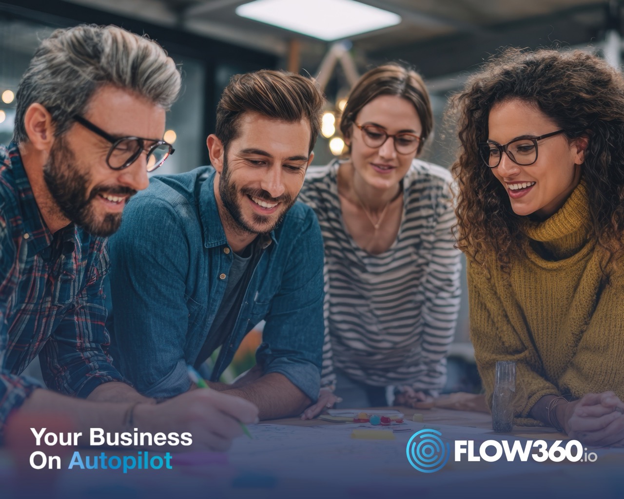 Vier Personen stehen um einen Tisch und besprechen die Optimierung von Prozessen