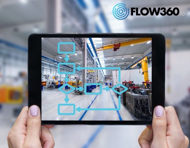 Workflow in der Produktion. Auf einem Tablet wird das Bild der Produktion gezeigt. Darüber liegt das Schema eines Workflows.
