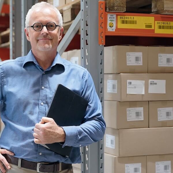 Mann mit einem Tablett vor Lagerregalen