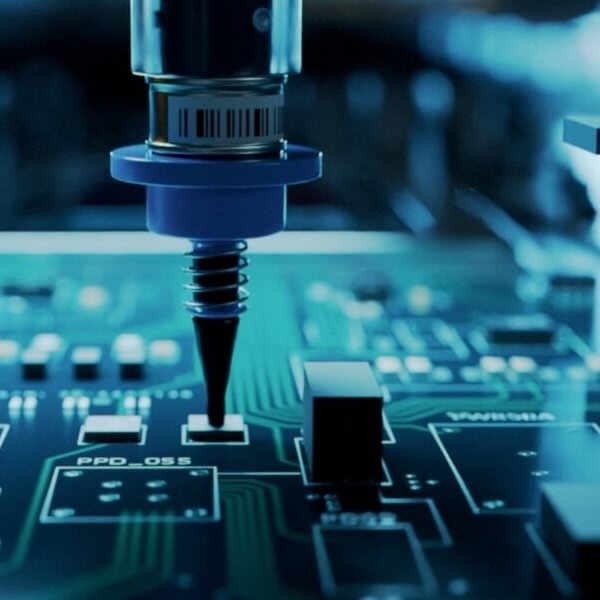 Nahaufnahme eines Industrieroboters (Bestücker), der präzise Komponenten auf einer grünen, dunklen Leiterplatte (Platine) platziert.